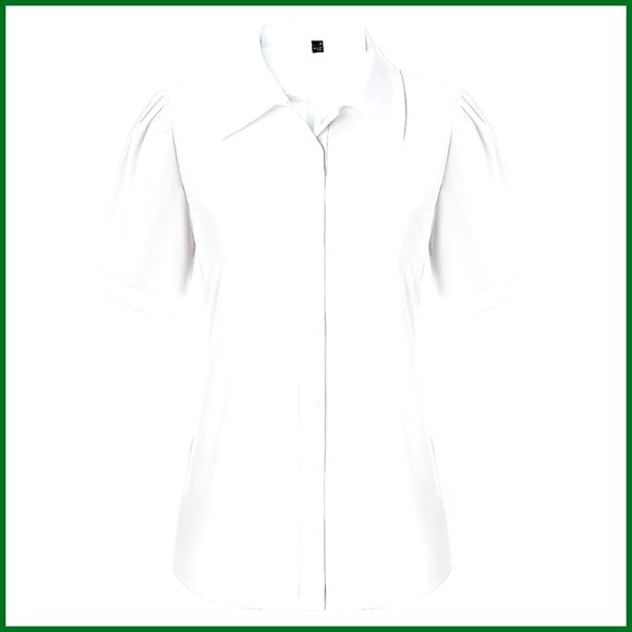 Tops - Puff Sleeve Button Down Blouse Fitted Work Top Classic Elegant Business Chic